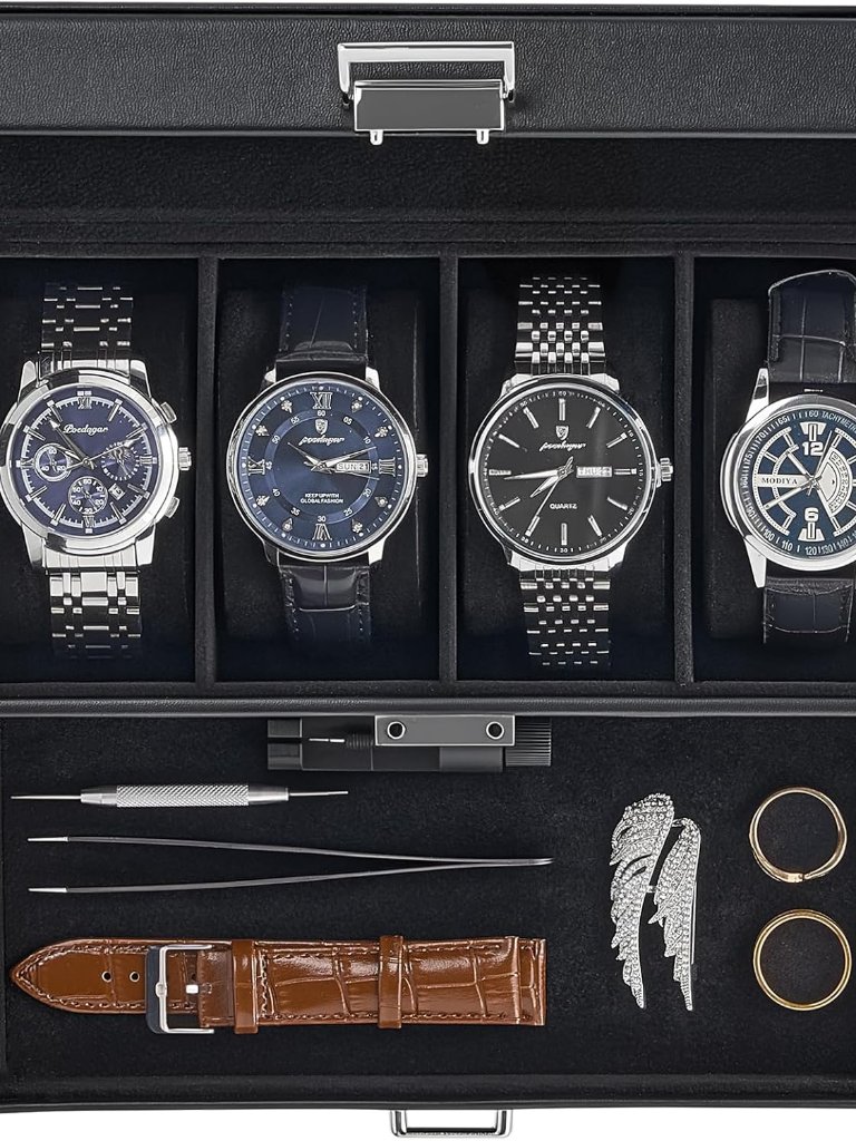 Watch Case, 4 Slot Mens Watch Box Holder Organizer With Glass Lid, 2-Layer Watch